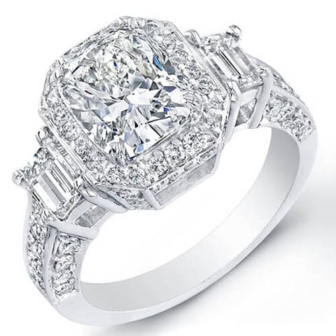 4.34 Ct. Cushion Cut, Emerald & Round Diamond Engagement Ring GIA I,VS1
