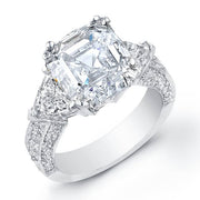 3.25 Asscher Cut Diamond Engagement Ring W/Trillion Cut Side Stones & Round Micro Pave Setting G,VVS2 GIA