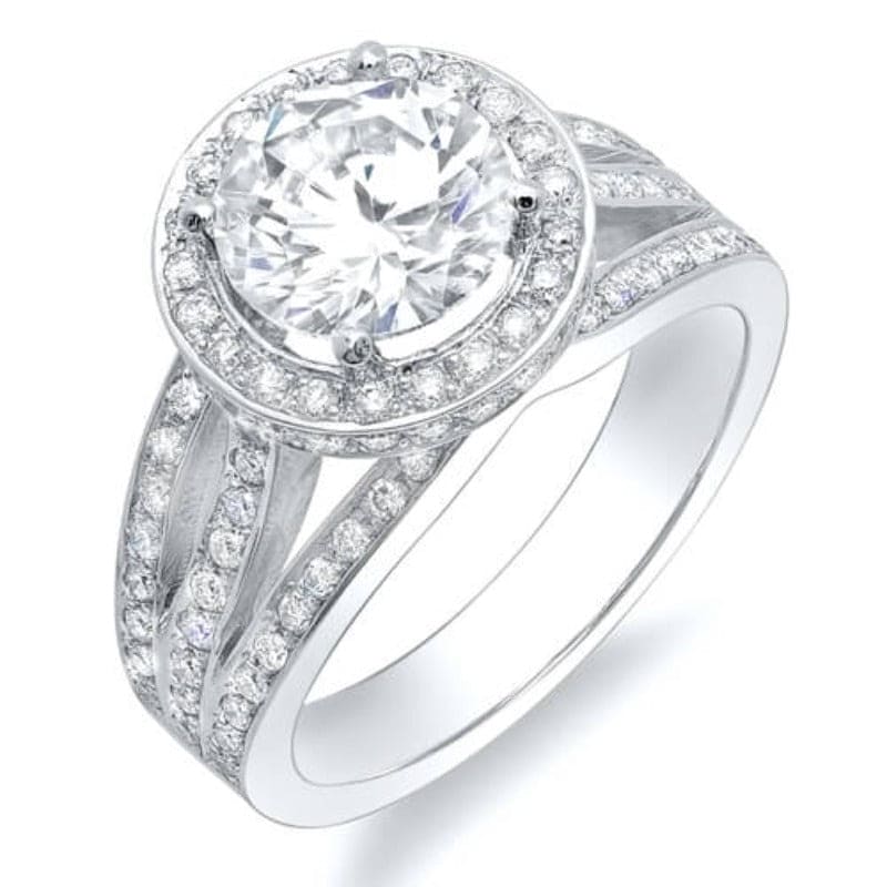Halo split shank round cut engagement ring