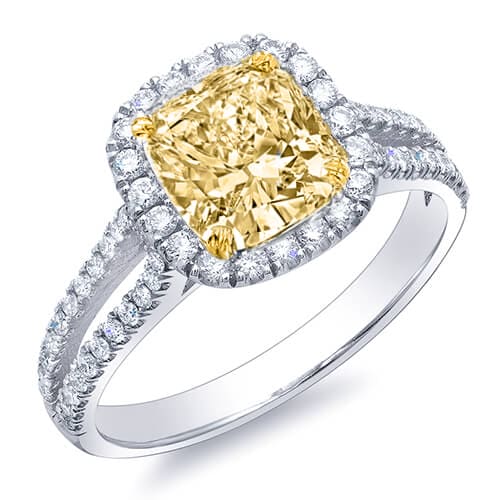 Fancy yellow cushion cut halo diamond ring