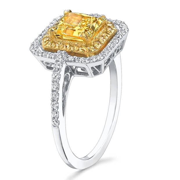 Fancy yellow radiant cut diamond ring side view
