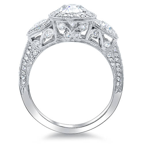 3 stone halo oval engagement ring  profile view