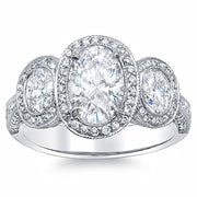 3 Stone Halo Oval Engagement Ring Front View
