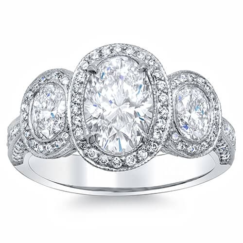 3 Stone Halo Oval Engagement Ring Front View
