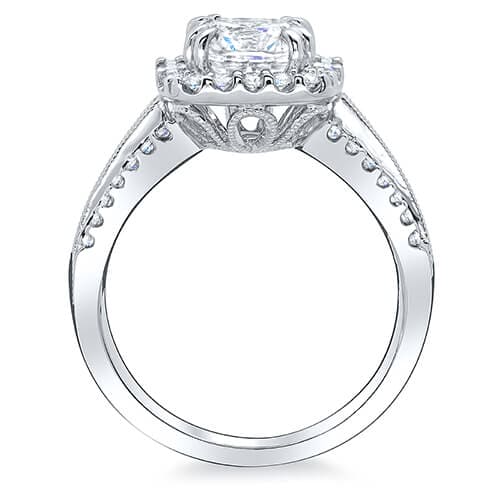 Cushion cut halo with baguettes engagement ring side view