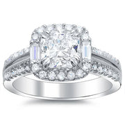 Cushion Cut Halo with Baguettes Engagement Ring front view