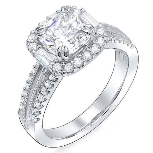 Cushion cut halo with baguettes engagement ring