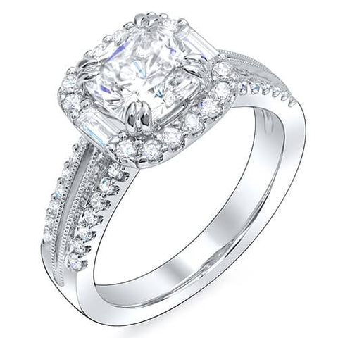 Cushion Cut Halo with Baguettes Engagement Ring