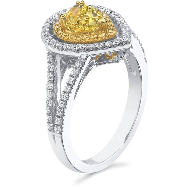 Fancy Yellow Pear Shaped Halo Engagement Ring Side View