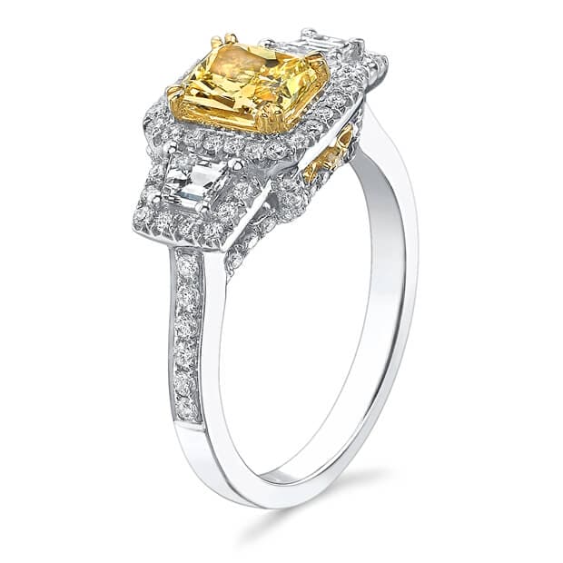 Fancy yellow radiant cut 3 stone halo ring  side profile