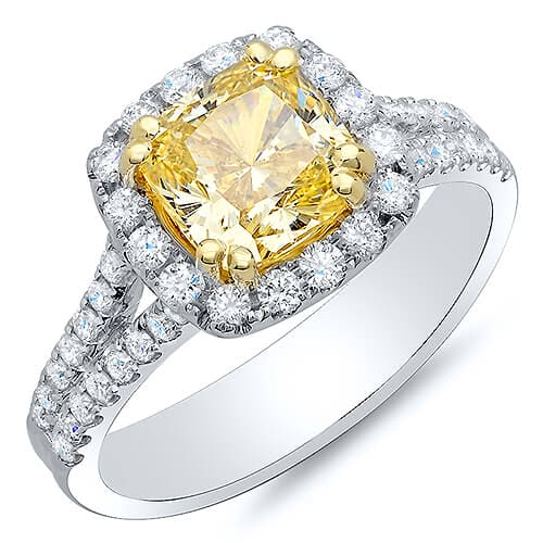 Canary cushion cut split shank diamond ring