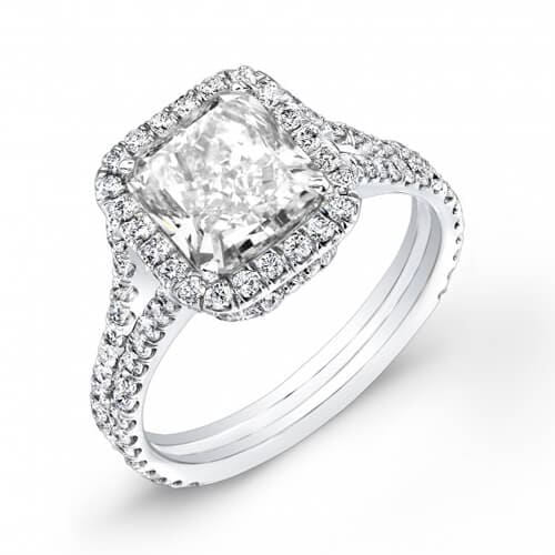 Radiant cut halo split shank engagement ring