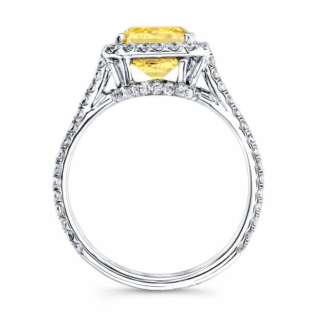 Fancy Yellow Halo Radiant Cut Split Shank Diamond Ring 