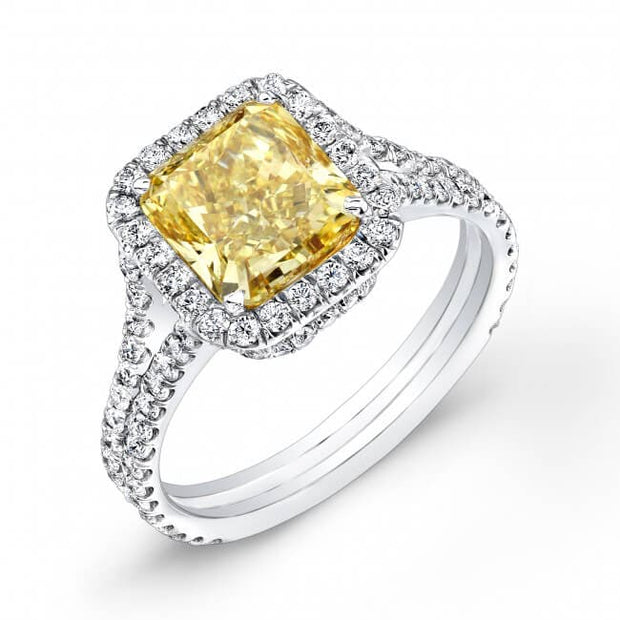 Fancy Yellow Halo Radiant Cut Split Shank Diamond Ring 