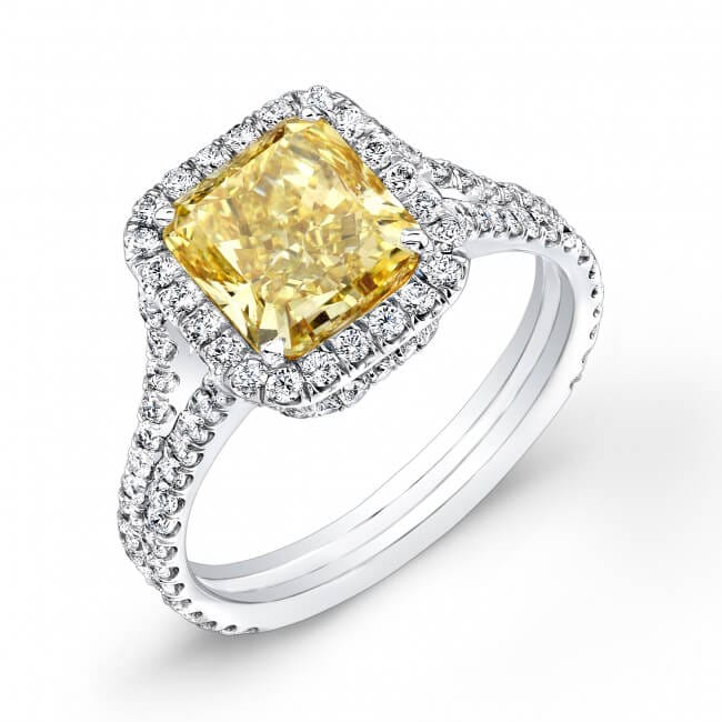 Halo radiant canary fancy yellow split shank engagement ring