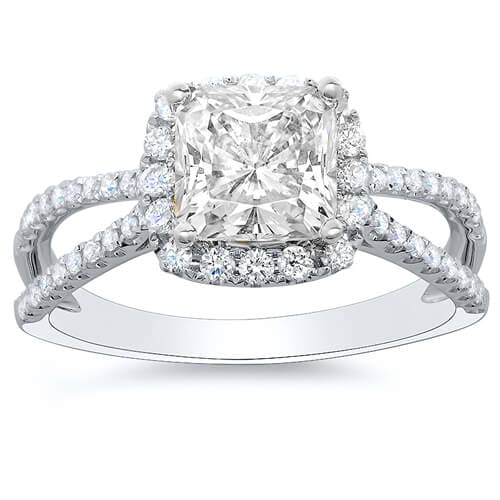 Princess halo split shank engagement ring front view