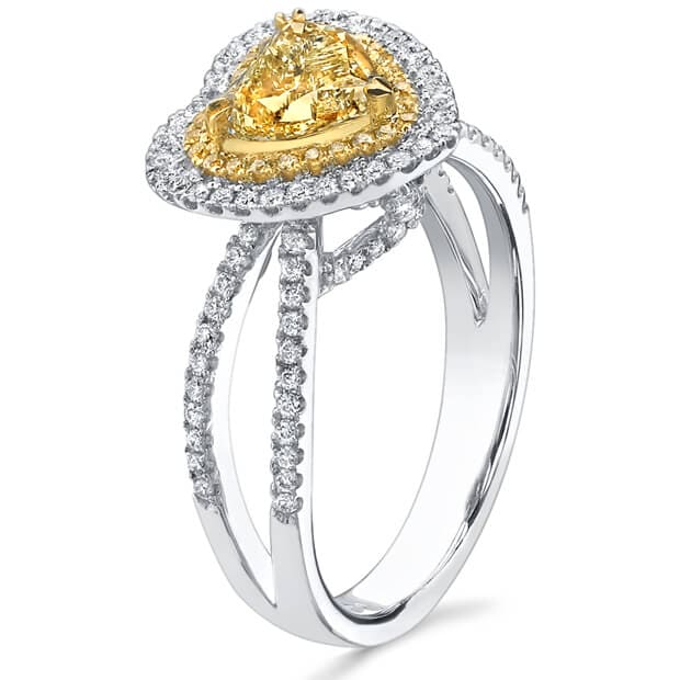 Yellow heart shaped engagement ring side view