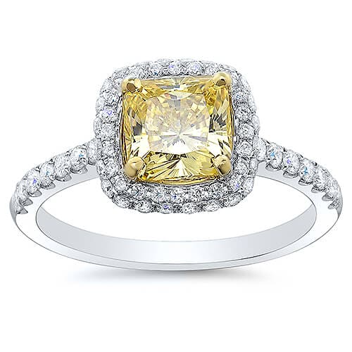 1.90 Ct. Canary Cushion Cut Halo Micro Pave & U-Setting Diamond Engagement Ring VVS2 GIA