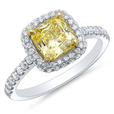 1.90 Ct. Canary Cushion Cut Halo Micro Pave & U-Setting Diamond Engagement Ring VVS2 GIA