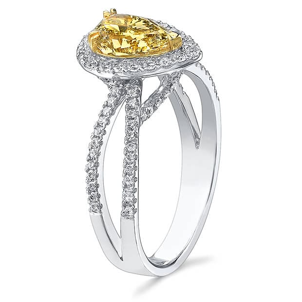 Fancy yellow pear shaped halo split shank engagement ring side profile