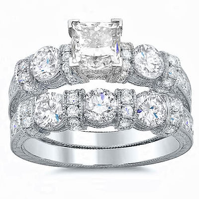3.35 Ct. Art-Deco Princess Cut Diamond Ring & Matching Band H Color VS1 GIA Certified