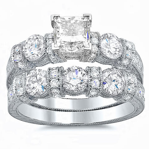 Art Deco Princess Cut Engagement Ring Set Front View