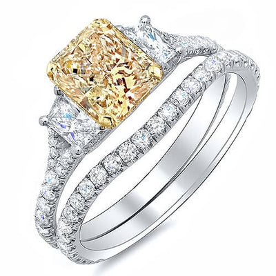 1.97 Ct. Canary Fancy Yellow Radiant Cut Diamond Engagement Ring Set GIA VS1