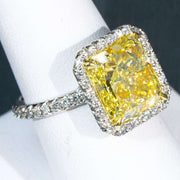 5.90 Ct Halo Fancy Yellow Square Radiant Cut Diamond Ring VS2 GIA Certified