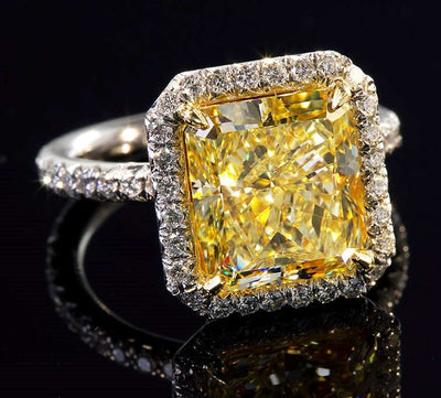 5.90 Ct Halo Fancy Yellow Square Radiant Cut Diamond Ring VS2 GIA Certified