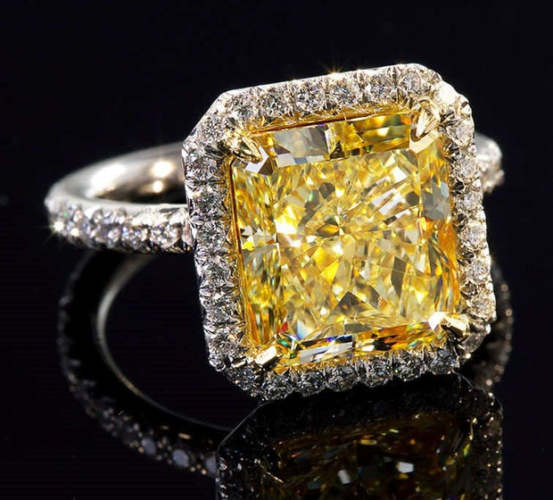 5.90 Ct Halo Fancy Yellow Square Radiant Cut Diamond Ring VS2 GIA Certified