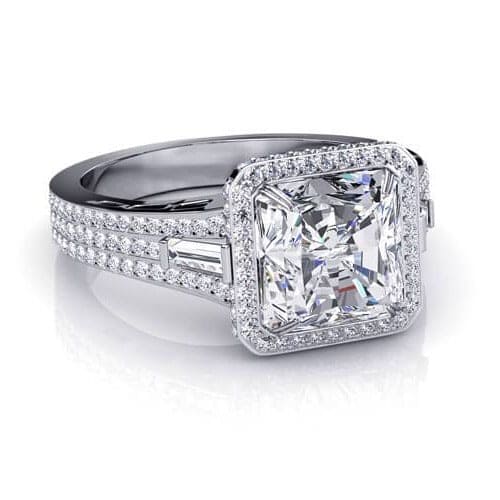 Radiant cut halo engagement rings