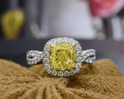 2.30 Ct. Canary Fancy yellow Cushion Cut Split Shank Diamond Ring VVS1 GIA Certified