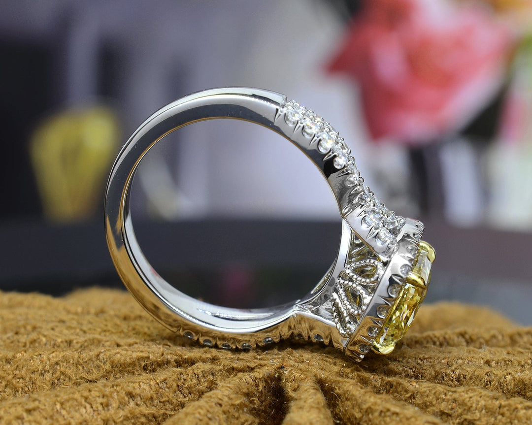 Yellow Cushion Halo Twisted Engagement Ring Side Profile