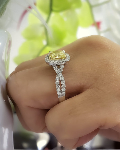 Yellow Cushion Halo Twisted Engagement Ring Side on Hand