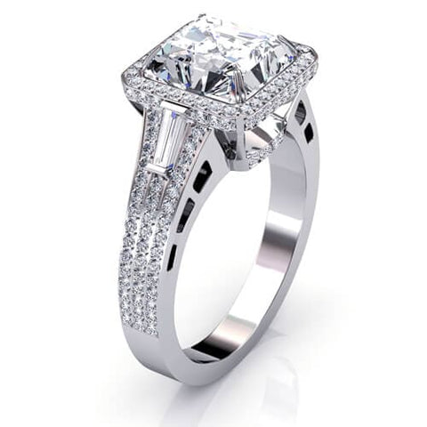 3.35 Ct. Halo Asscher Cut, Baguette & Round Micro Pave Diamond Engagement Ring G,VVS2 GIA