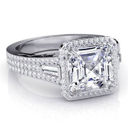 3.35 Ct. Halo Asscher Cut, Baguette & Round Micro Pave Diamond Engagement Ring G,VVS2 GIA