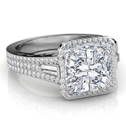 2.61 Ct. Halo Cushion Cut & Baguette Diamond Engagement Ring E,VS1 GIA
