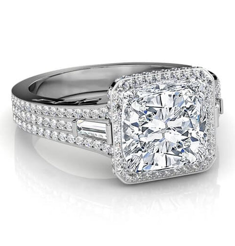 3.01 Ct. Halo Cushion Cut, Baguette & Round Diamond Engagement Ring I,VS2 GIA