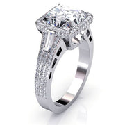 Cushion Cut Halo Engagement Ring w Baguettes Profile View
