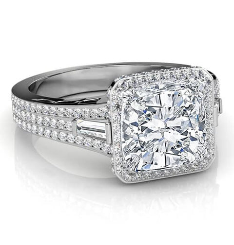 Cushion Cut Halo Engagement Ring w Baguettes