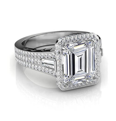 2.54 Ct. Halo Emerald Cut & Baguette Diamond Engagement Ring H,VVS1 GIA