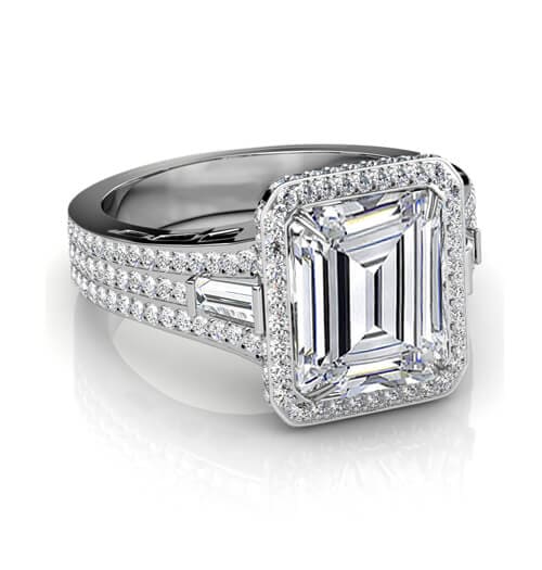 Emerald cut halo pave engagement ring