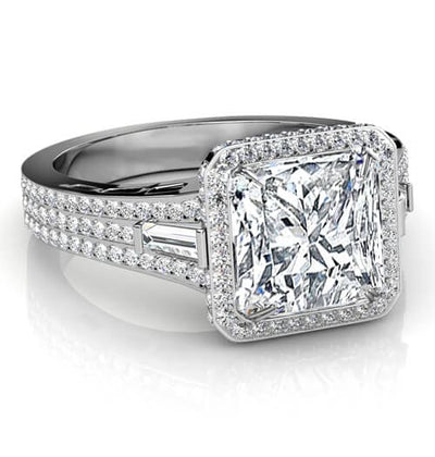 2.53 Ct. Halo Princess Cut & Baguette Diamond Engagement Ring G,VS1 GIA