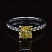 1.55 Ct. Cushion Cut Fancy Yellow Diamond Engagement Ring 14K Two Tone Gold