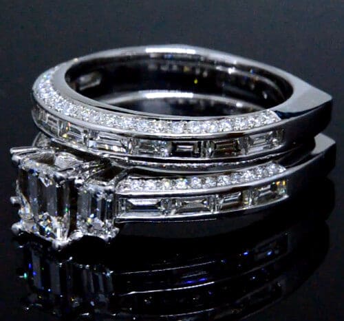 3 stone emerald cut diamond ring set w baguettes & pave