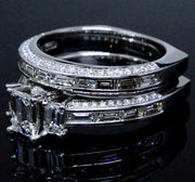 3 Stone Emerald Cut Diamond Ring Set w Baguettes & Pave