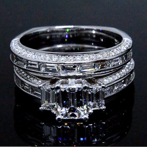 3 stone emerald cut diamond ring set w baguettes & pave