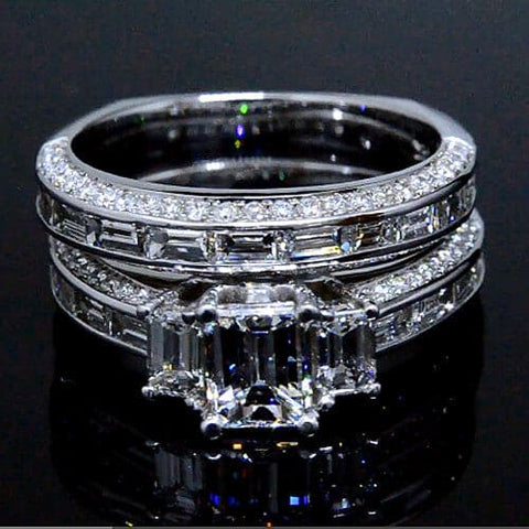 3 Stone Emerald Cut Diamond Ring Set w Baguettes & Pave