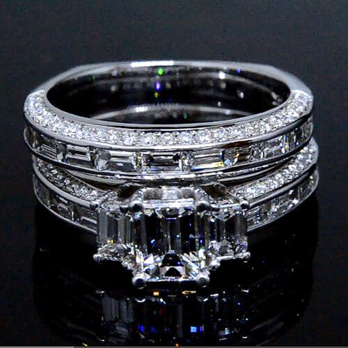 3 Stone Emerald Cut Diamond Ring Set w Baguettes & Pave
