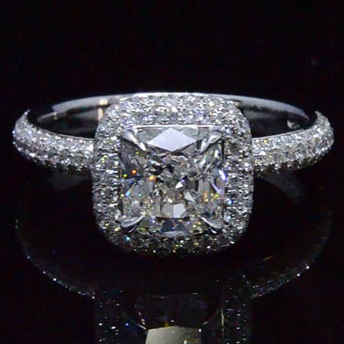 Cushion Cut 3 Row Pave Halo Round Diamond Ring | 2.25 Carat H VS2 GIA